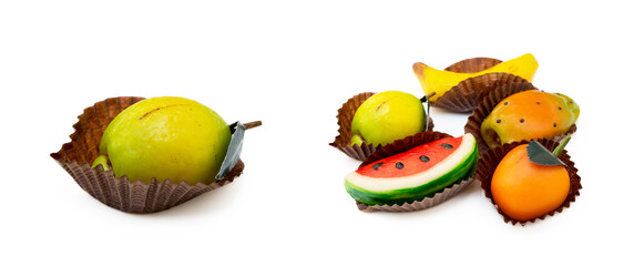  Fresh marzipan fruits isolated on white background
