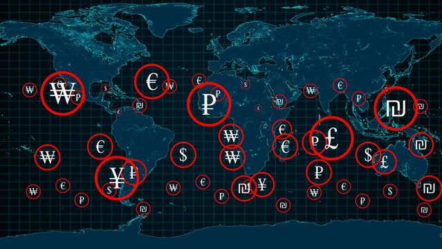 World economy and business. International trade concept. World currency symbols.