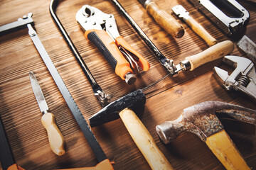 Construction tools with a pattern on a wooden table