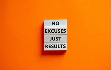 No excuses just results symbol. Concept words No excuses just results on wooden blocks. Beautiful orange table orange background. No excuses just results business concept. Copy space.