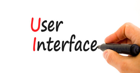 UI user interface symbol. Concept words UI user interface on white paper. Businessman hand with marker. Beautiful white background. Copy space. Business and UI user interface concept.