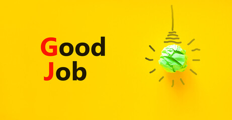 GJ good job abbreviation symbol. Concept words GJ good job. Green light bulb icon. Beautiful yellow...