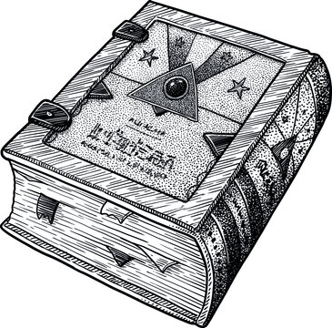 Magic spell book illustration, drawing, engraving, ink, line art, vector