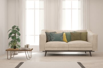 Fototapeta premium White living room with sofa. Scandinavian interior design. 3D illustration
