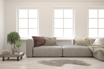 Fototapeta premium White living room with sofa. Scandinavian interior design. 3D illustration