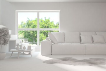 Minimalist living room in white color with sofa and summer landscape in window. Scandinavian interior design. 3D illustration