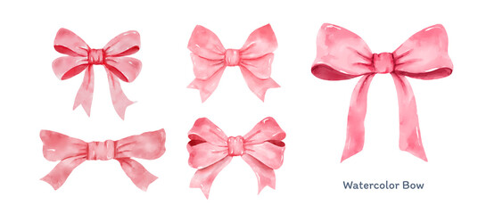 Set of Pink gift bow in watercolor style isolated on white background. Hand drawing decorative bow elements vector illustration - obrazy, fototapety, plakaty