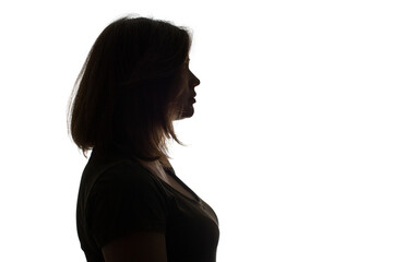 profile of pensive young woman making decision on isolated background