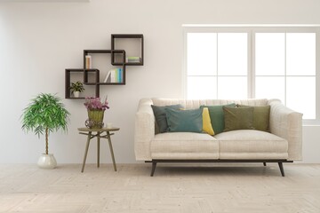 Modern living room in white color with sofa. Scandinavian interior design. 3D illustration