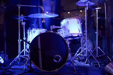 Set of drums. Detail of a drum kit closeup. The concept of a live concert. Drum set on rock concert...