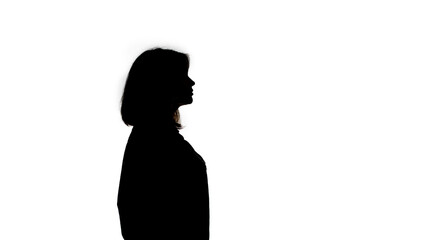 profile of pensive young woman making decision on isolated background