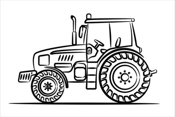 A hand drawn line art of a tractor. Outline agrimotor, side view.  Modern flat vector illustration. Side view of modern farm tractor