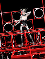 A 3d digital rendering of woman wearing a black and white fantasy outfit in a red and black setting with geometirci metal shapes.