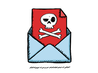 Colorful sketch style doodle illustration of email with virus icon. 