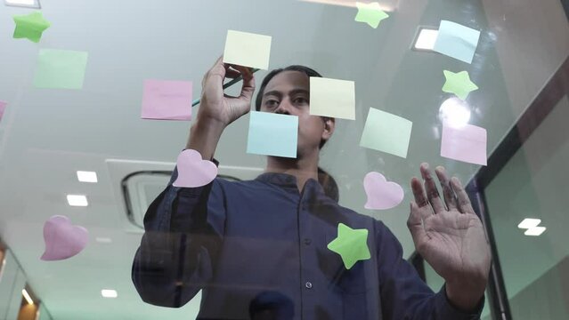 Young business man with teamwork brainstorming by use post it notes to share idea on glass wall, Start-up diversity teamwork brainstorming meeting in office, diverse employees people group planning.
