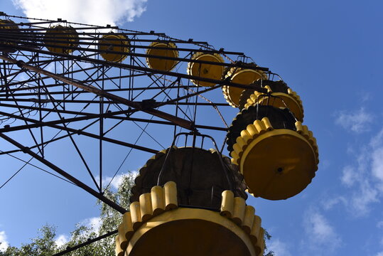 Feeris wheel in abandoned amussement park in Pripyat near Chernobyl power station in Ukraine. 