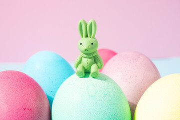 Easter colored painted eggs with rabbit
