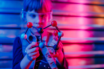 Little girl holding molecular model on the colorful neon background