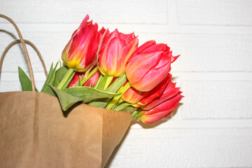 Bouquet of fresh pink yellow tulips in eco paper bag on white brick wall background. Congratulations on Mother's Day Grandmother's Day. Spring bulb flowers bloom. Seasonal blossoming. Floral wallpaper