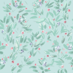 Abstract roses and leaves on mint background. Watercolor seamless pattern.