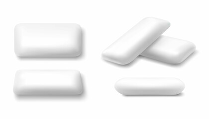 White mint chewing gum set for ads and package element, Chewing bubble gum mockups, Chewing pads isolated on white background, 3d vector realistic illustration