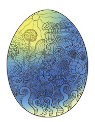 Easter egg graphic in the form of a doodle rural scene on a background of yellow and blue framed