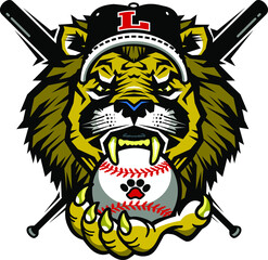 lion mascot head with ball and crossed baseball bats for school, college or league