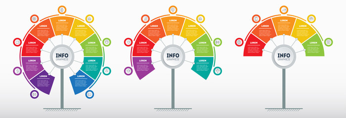 Set of Vertical infographics or time lines with 5, 7 and 9 parts. Development and growth of the technology in the world. Vector Infographic. Business presentation with three steps or processes.