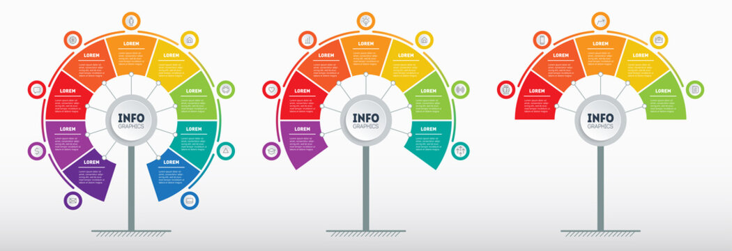 Set Of Vertical Infographics Or Time Lines With 5, 7 And 9 Parts. Development And Growth Of The Technology In The World. Vector Infographic. Business Presentation With Three Steps Or Processes.