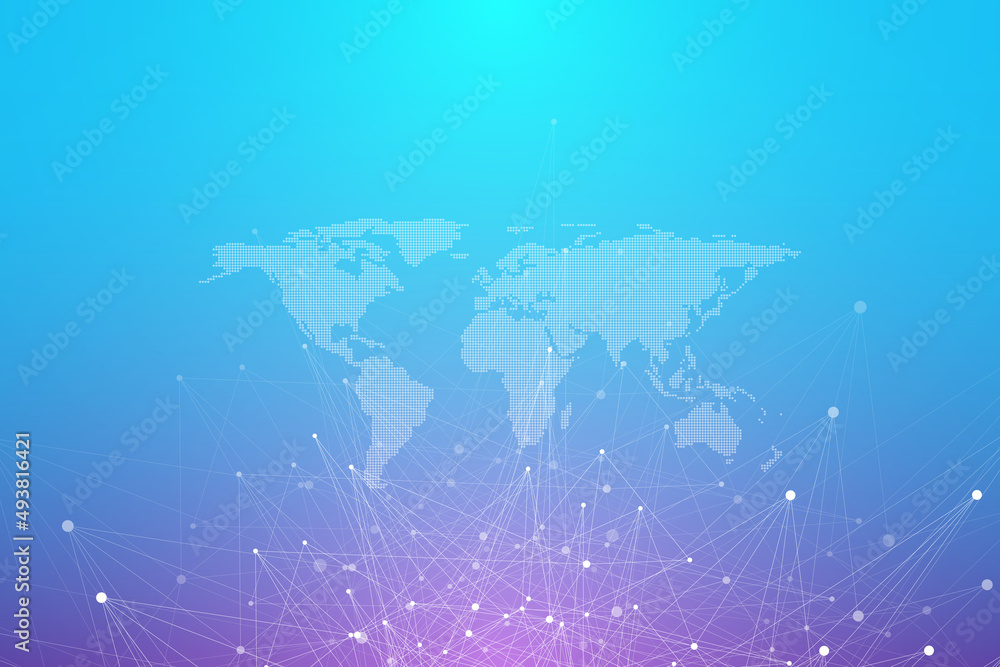 Poster Big data visualization. Geometric abstract background visual information complexity. Futuristic infographics design. Technology background with connected line and dots, wave flow illustration