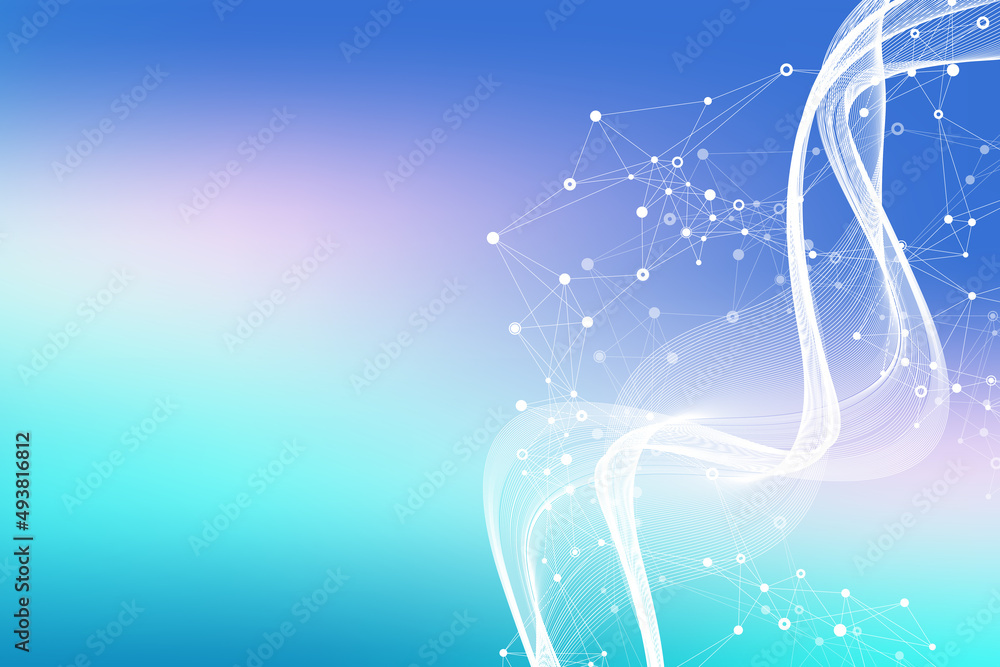 Poster Expansion of life. Colorful explosion background with connected line and dots, wave flow. Visualization Quantum technology. Abstract graphic background explosion, motion burst illustration.