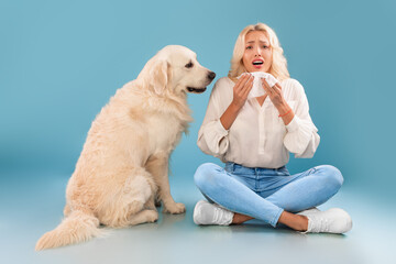 Animal Allergy Concept. Woman sneezing, suffering from nasal congestion