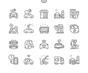 Electric vehicle. Charger and charging station. Alternative energy, eco and transportation. Saving world. Pixel Perfect Vector Thin Line Icons. Simple Minimal Pictogram