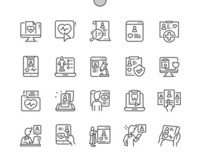 Electronic patient card. Health care, medical and medicine. Clipboard with patient. Treatment history. Pixel Perfect Vector Thin Line Icons. Simple Minimal Pictogram