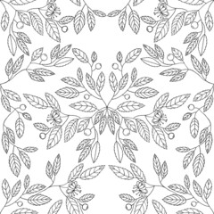 Botanical hand drawn seamless pattern with leaves and berries isolate on white.