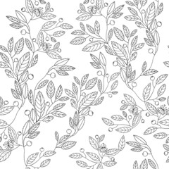 Botanical hand drawn seamless pattern with leaves and berries isolate on white.