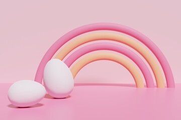 3d render of white eggs with a pink and orange rainbow on a pink background