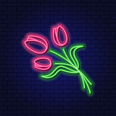 Neon Bouquet of pink tulips. Vector illustration design element for card, women's day