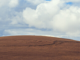 A hillock with brown wide fields and a car driving in the distance on the horizon under a cloudy sky
