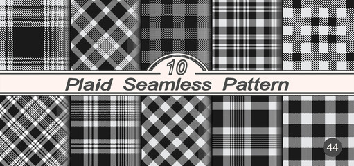 Set seamless black and white plaid pattern background.