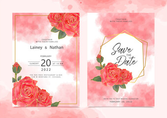 Red Roses flowers watercolor wedding card