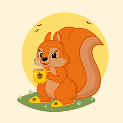 Cute cartoon squirrel. Cartoon animal design. Flat vector illustration on a grassy meadow against the background of the sun.