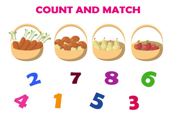 Count all fruit and vegetables in each basket and match with right numbers. Preschool Counting Activities. Printable worksheet. Educational game for children, kids preschool age. Mathematics task.