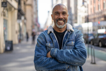 Mature black man in city smile happy face portrait - Powered by Adobe
