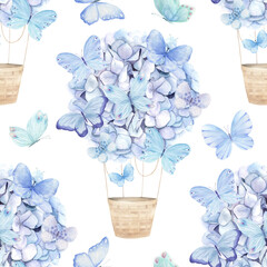 Waterverfpatroon met blauwe aerostat-ballonbloemen en vlinder. Aquarel hortensia. Bloemenprint op witte achtergrond. Handgetekende illustratie