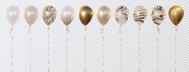 Vector set of ten 3d realistic balloons. Transparent with abstract golden texture, with golden confetti circles, and golden. Good for birthday, anniversary, New Year, wedding, holiday event designs.