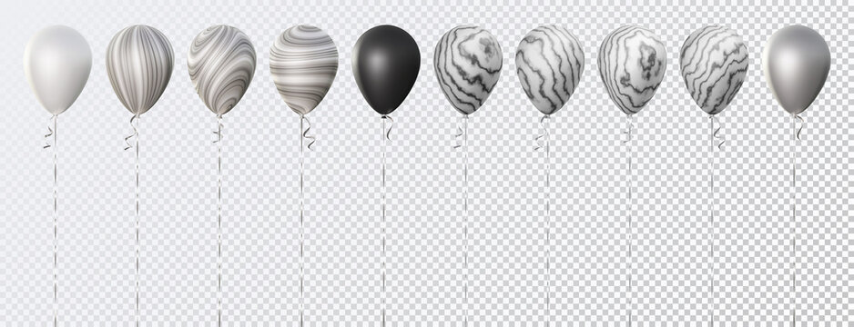 Vector set of ten 3d realistic matt air balloons. Pearl white, with abstract black and white marbled agate texture, onyx black. Good for Birthday, anniversary, New Year, wedding, graduation designs.