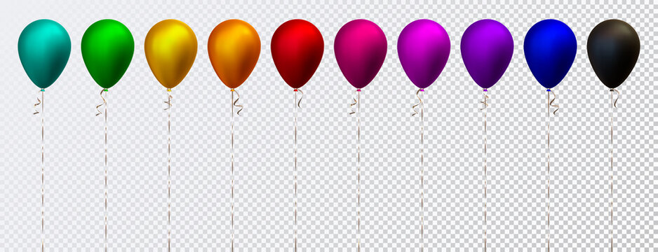 Vector set of ten colorful 3d realistic metallic air balloons. Green, blue, yellow, orange, red, purple, and black. Good for Birthday, anniversary, New Year, graduation event designs..