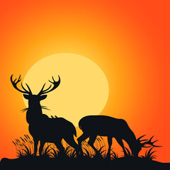 deer silhouette at sunset,  Reindeers Silhouette Vector Illustration