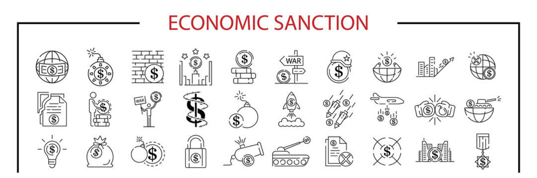 Boycott, Business War, Trade War Icon Set In Thin Line Style. Economic Sanction